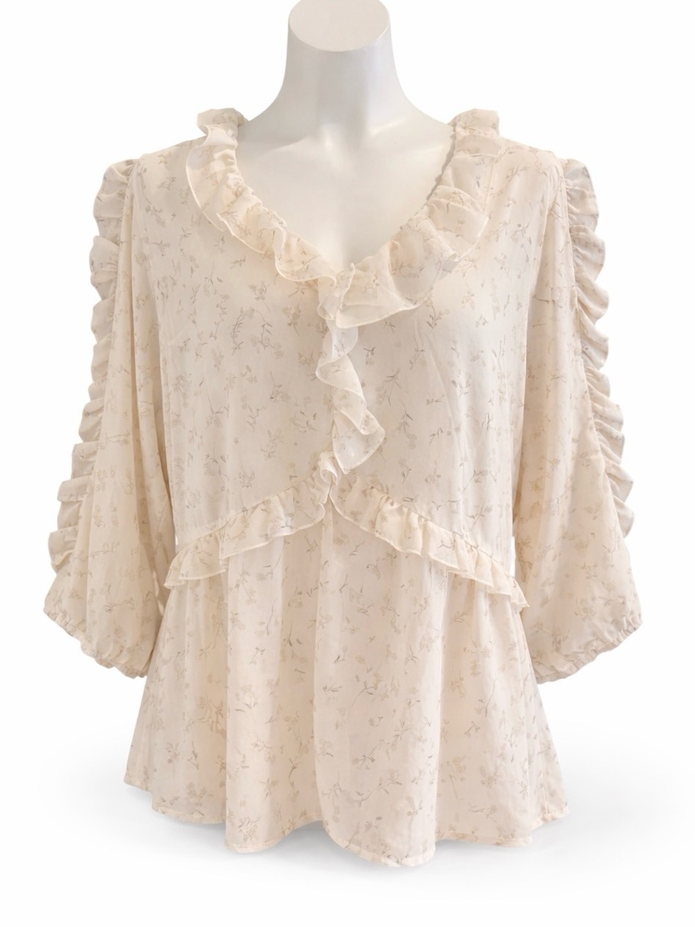 Zenobia Cream Sheer Ruffle Chiffon Top Blouse Womens Plus Size 1X Cloud Dancer